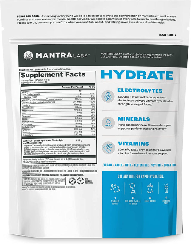 MANTRA Labs Hydrate Hydration Powder Packets | Zero Sugar Hydration Packets & Sugar Free Keto Electrolytes Powder Packets | Vitamins & Minerals for Workout Support | Vegan | Fruit Punch 15 Ct