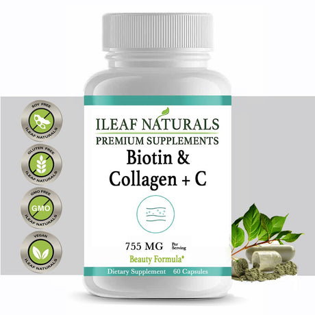 Ileaf NATURALS Biotin & Collagen + Vitamin C 755 MG - 60 Veggie Capsules