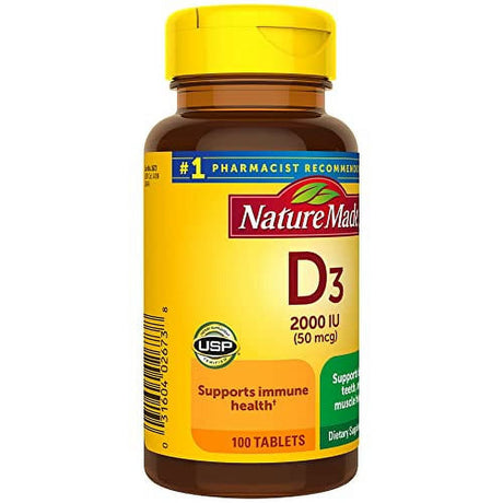 Nature Made Vitamin D3, 100 Tablets, Vitamin D 2000 IU (50 Mcg) Helps Support Immune Health, Strong Bones and Teeth, & Muscle Function, 250% of the Daily Value for Vitamin D in One Daily Tablet