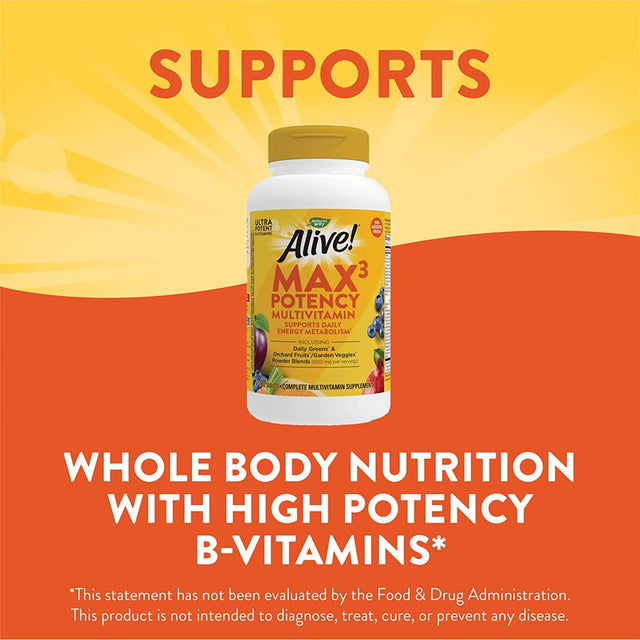 Nature'S Way Alive! Max3 Potency Multivitamin, High Potency B-Vitamins, No Iron, 180 Tablets