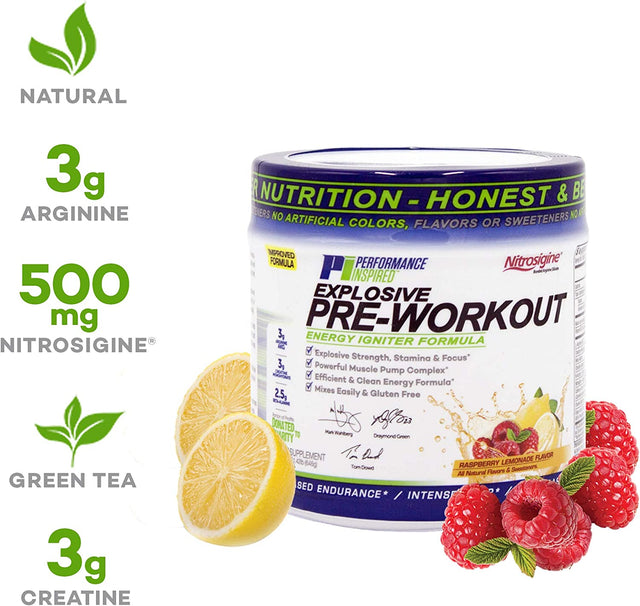 PERFORMANCE INSPIRED Nutrition Preworkout Powder - Contains Citrulline - Nitrosigine - Green Tea - All Natural - 1.49 Lb - Raspberry Lemonade