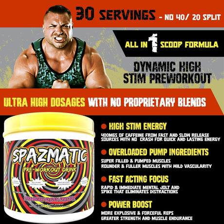 Spazmatic Pre-Workout Powder - 400Mgs Caffeine - 6 Grams Pure Citrulline for Muscle Pumps- Fast Acting Focus - 30 Full Servings - All-In-1-Scoop Formula