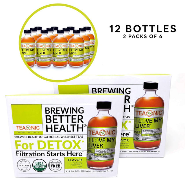 TEAONIC I Love My Liver - Herbal Tea Tonic - Detoxifying Tea - Ginger Root - Hibiscus Tea - Dandelion Root Tea - Decaffeinated Tea -- Milk Thistle Tea - 8 Fluid Ounces Each - Pack of 6