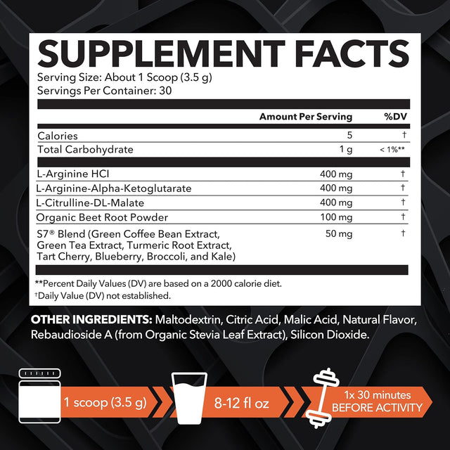 L Arginine Powder | L-Arginine L-Citrulline Organic Beet Root and S7 Plant-Based Ingredients for Pre Workout and Post Workout | Nitric Oxide Supplements for Men & Women | Tangerine L-Arginine Powder