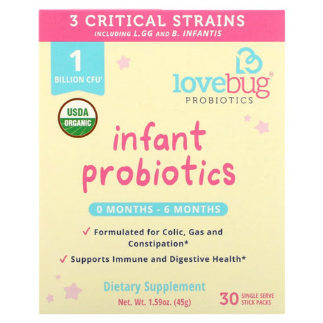 Lovebug Probiotics, Infant Probiotics, 0-6 Months, 1 Billion CFU, 30 Single Stick Packs, 0.05 Oz (1.5 G) Each