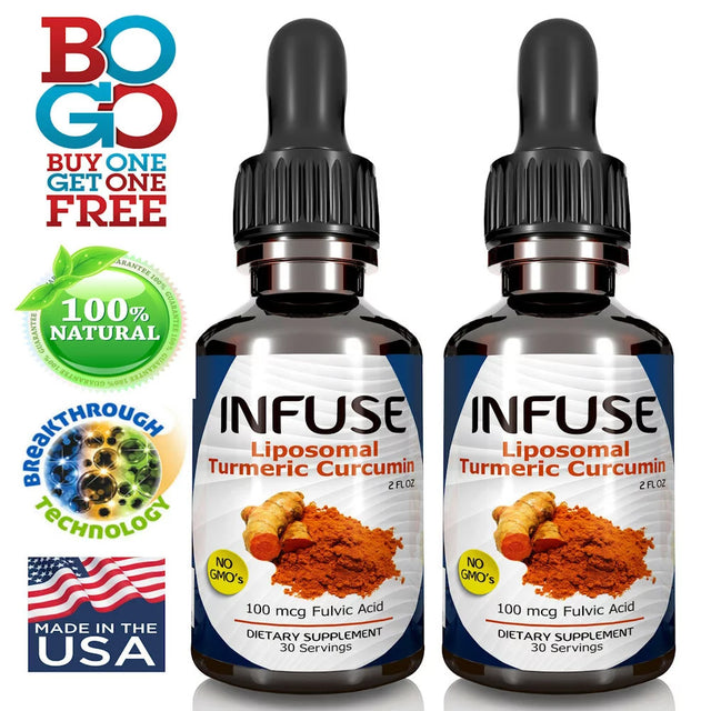 INFUSE Liposomal Liquid Turmeric Curcumin 2 Bottle Pack Superior Uptake, 95% Curcumin, High Potency, with Fulvic Acid, MFD USA Ships Free