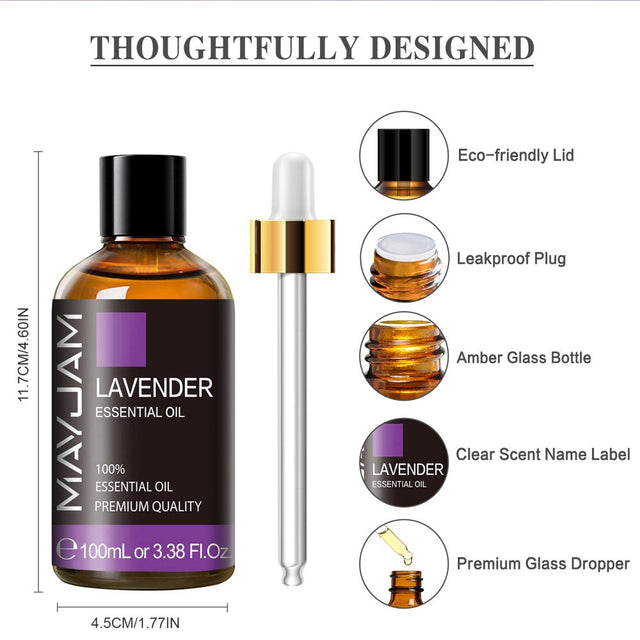 MAYJAM 100ML Lavender Essential Oils for Aromatherapy Diffuser, Spa Massage, Skin Care, Help Sleeping, Soap Candle Making, DIY Perfume