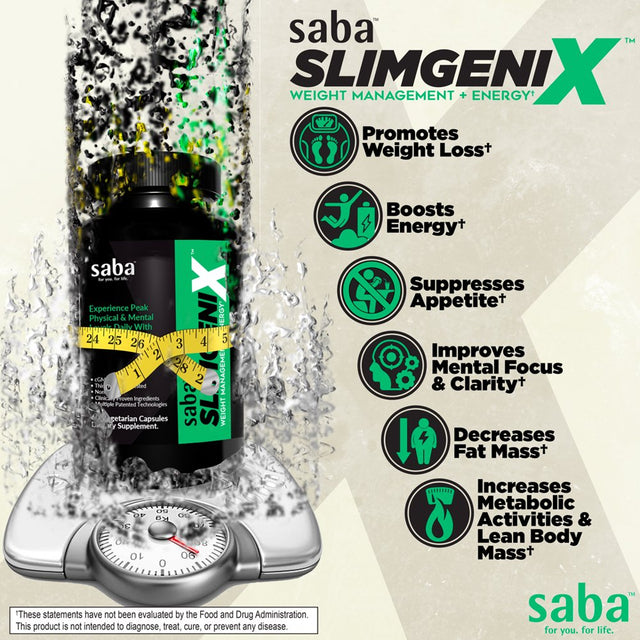 Saba Slimgenix™ Weight Loss, Extreme Energy & Intensity, Appetite Control, Extreme Focus, Fat Burner, Best Weight Loss Pills - 60 Vegetable Capsules