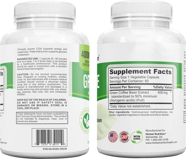 Herbal Nutrition BOGO Pure Green Coffee Bean Extract, Two Bottle Pack, 120 Capsules, Multi-Level Dosing 400Mg - 1200Mg per Serving, 50% Chlorogenic Acid. Weight Loss & Cleanse Supplement