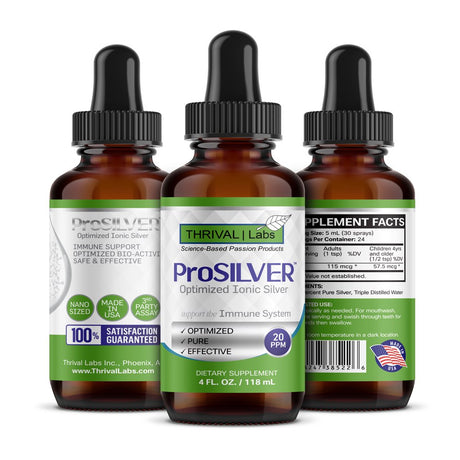 Prosilver Optimized 20 PPM Bio-Active Ionic Silver Liquid in 4 Oz. Dark Glass Dropper Bottle by Thrival Labs | Nano Ions and Particles for Superior Immune Support (24 Servings) – Dropper Bottle