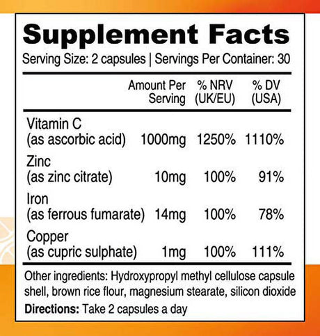 Mega Vitamin C 1000Mg plus Zinc, Iron and Copper. Powerful Immune System Boost. Sugar-Free, Gluten-Free. 60 Capsules - 1 Month Supply.