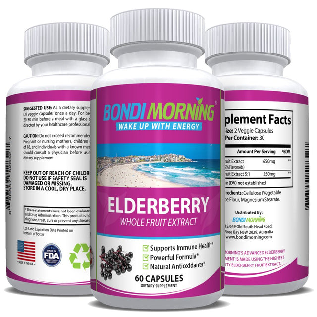 Elderberry Extract Immune Support Supplement – Elderberry Pills for Adults with Vitamins C, B6, and A, Aid Digestion, Immunity – Tasteless Immune Defense Vegetable Capsules by Bondi Morning, 60-Count