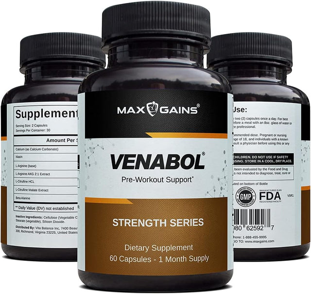 Venabol Supplement for High-Power Workout Support. Great Source of Niacin, Arginine & Citrulline. Supports the Nitric Oxide System. 60 Capsules