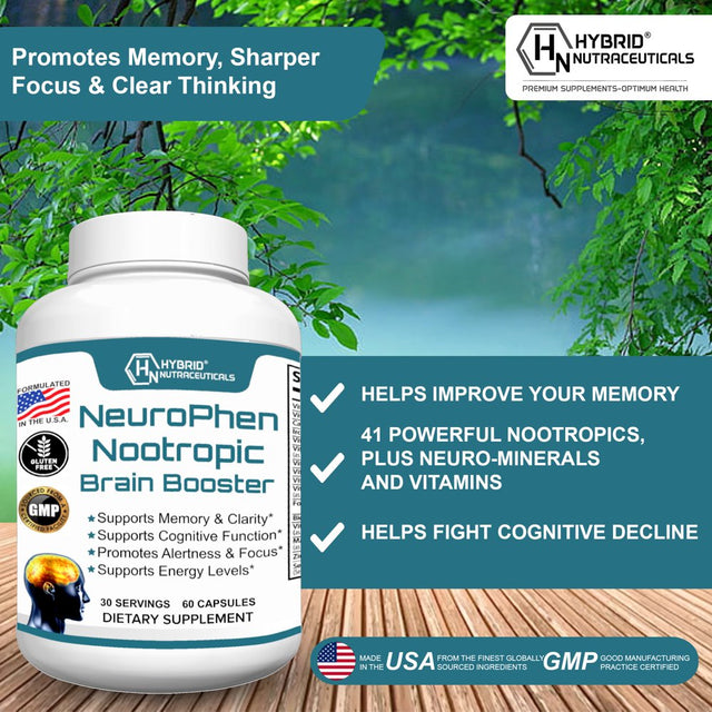 Neurophen Nootropic Brain Booster Supplement - Enhanced Brain Focus, Mental Clarity, Concentration & Memory Support with Bacopa Extract, Phosphatidylserine, Huperzine a - 60 Capsules