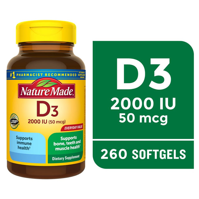 Nature Made Vitamin D3 2000 IU (50 Mcg) Softgels, Dietary Supplement for Bone and Immune Health Support, 260 Count