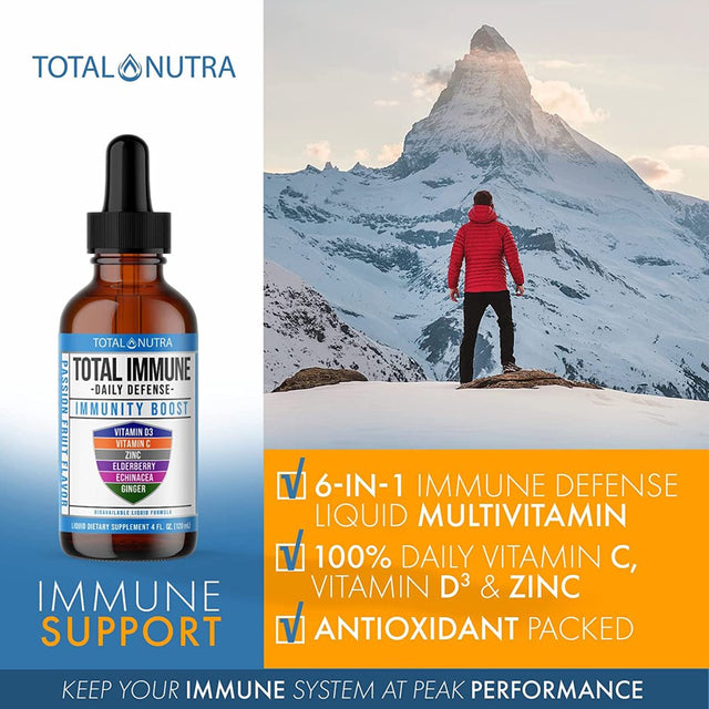 Total Nutra 6-In-1 Liquid Multivitamin Supplement - Immunity Drops - Elderberry, Echinacea & Ginger Defense Support for Adults & Kids - 4 Oz. Passion Fruit.