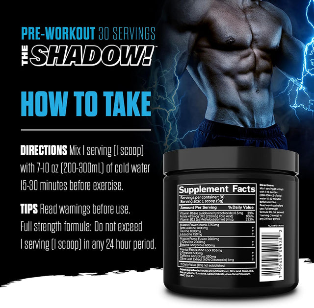 JNX SPORTS the Shadow! 350Mg of Caffeine Hard Core Preworkout -Electric Energy, Mental Focus, Superhuman Strength, Men & Women - Blue Raspberry 30 Servings