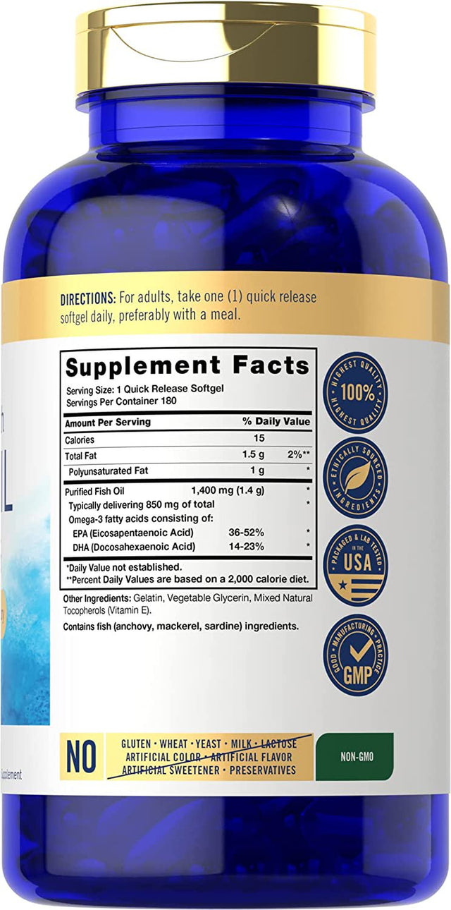 Triple Strength Fish Oil | 180 Softgels | Omega 3 Supplement | by Carlyle