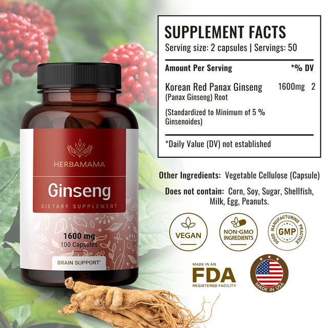 HERBAMAMA Red Ginseng Capsules - Korean Panax Extract - Energy & Brain Support, 100 Capsules