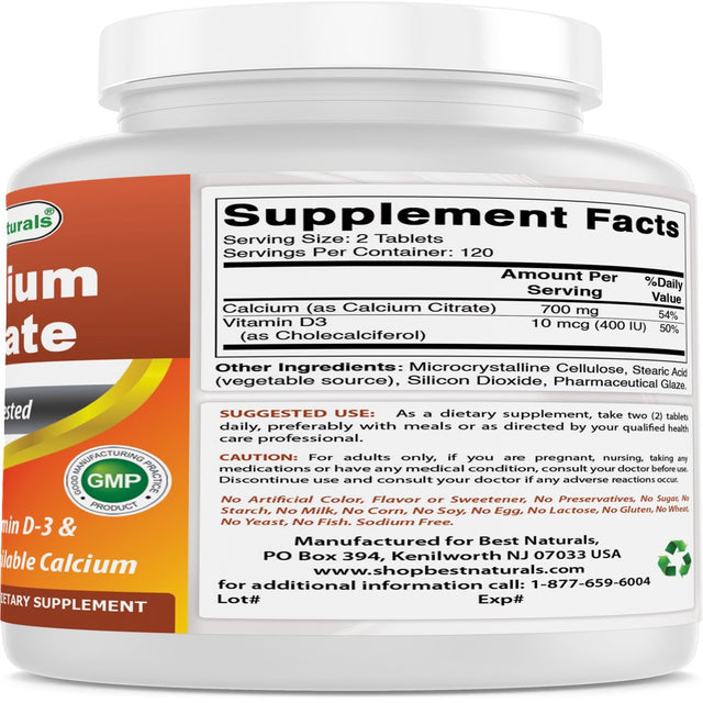 Best Naturals Calcium Citrate with Vitamin D-3 240 Tablets