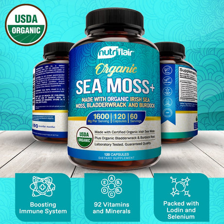 Nutriflair USDA Certified Organic Sea Moss Capsules 1600Mg, 120 Capsules - Immunity, Gut, Energy - Superfood Sea Moss Supplements with Raw Sea Moss Powder for Women and Men