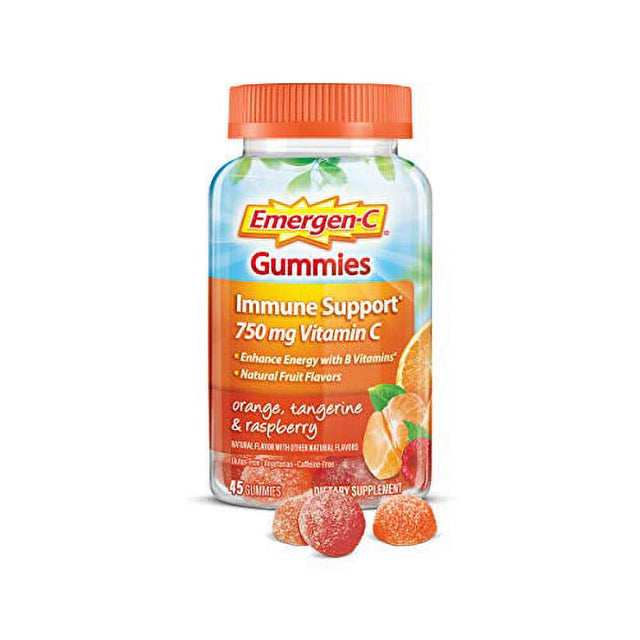 Emergen-C 750Mg Vitamin C Gummies for Adults, Immunity Gummies with B Vitamins, Gluten Free, Orange, Tangerine and Raspberry Flavors - 45 Count