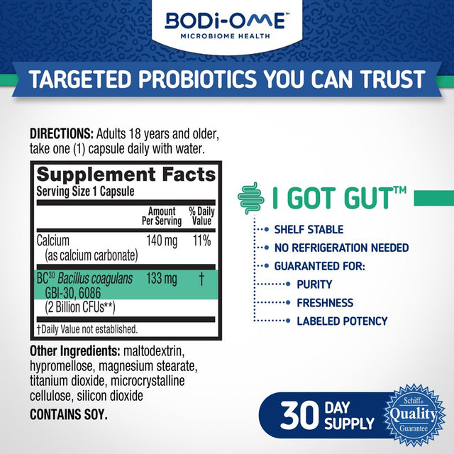 Bodi-Ome I Got Gut Targeted Probiotic Capsules (30 Count), Clinically Proven Strain, Supports Immune and Digestive Health*, Survives Stomach Acid 100X Better‡, Microbiome Health, Gluten Free