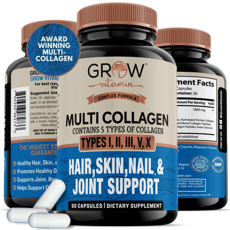 Multi Collagen Pills (Type I, II, III, V, X) 1800Mg for Anti-Aging, Hair, Skin, Nails and Joint Support, 30 Day Supply– High Absorption Collagen Peptides All 5 Types - 90 Capsules