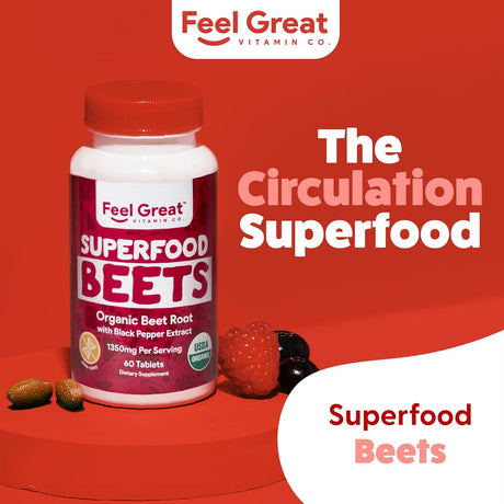 Organic Beet Root Powder Supplements (Tablets) by Feel Great Vitamin Co.| Beets Nitric Oxide Supplement | Red Beet Powder Support Healthy Circulation with Natural Nitrates for Natural Energy*