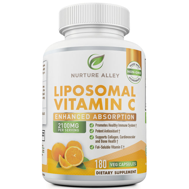 Nurture Alley Liposomal Vitamin C 2100Mg, 180 Capsules - High Absorption Ascorbic Acid, Fat Soluble Vit C, Antioxidant Supplement, Collagen Booster, Non-Gmo, Vegan Pills