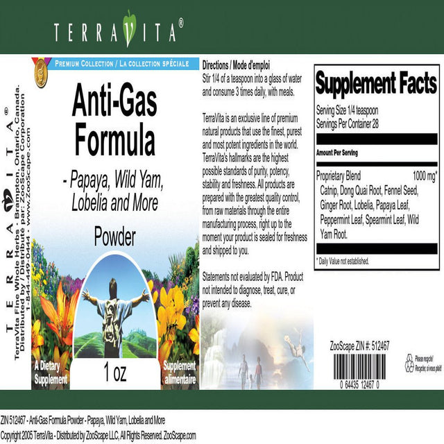 Terravita Anti-Gas Formula Powder - Papaya, Wild Yam, Lobelia and More, (1 Oz, 1-Pack, Zin: 512467)