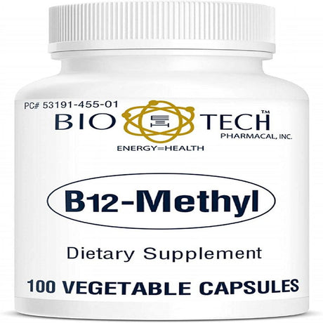 Bio-Tech Pharmacal B12-Methyl, 100 Vegetarian Capsules – All-Natural Supplement – Supports Cognitive Function, Sleep, Cardiovascular, & Nervous System Health – No Dairy, Fish, Gluten, Peanut,