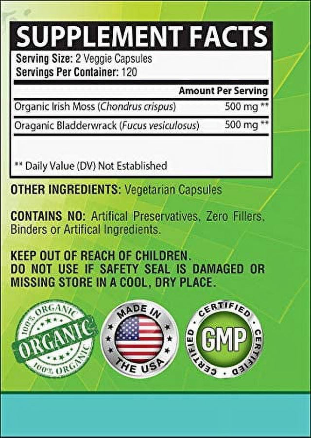 Nutreevit 100% Organic - Sea Moss + Bladderwrack Powerful Superfood Formula (60 Count)