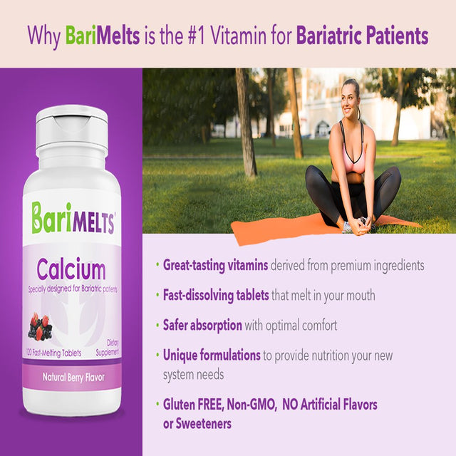 Barimelts Bariatric Calcium Citrate with Vitamin D3 and Magnesium for Bone Health Support, 120 Smooth-Dissolving Tablets, Post Weight Loss Surgery Patients, Berry Flavored Dietary Supplements