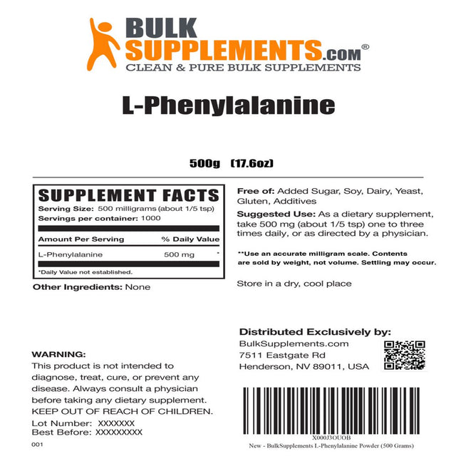 Bulksupplements.Com L-Phenylalanine Powder - Brain Supplements for Memory and Focus - Mood Boosting Supplement - Amino Focus (500 Grams)