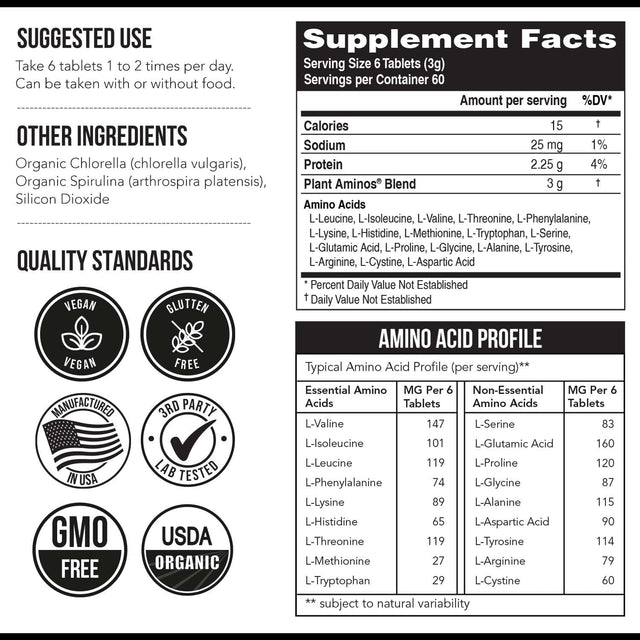 Plant Aminos Organic Essential Amino Acids (Eaas) & BCAA - 100% Plant-Based Raw, Vegan - All 9 Amino Acids with 18 Total Amino Acids (360 Tablets)