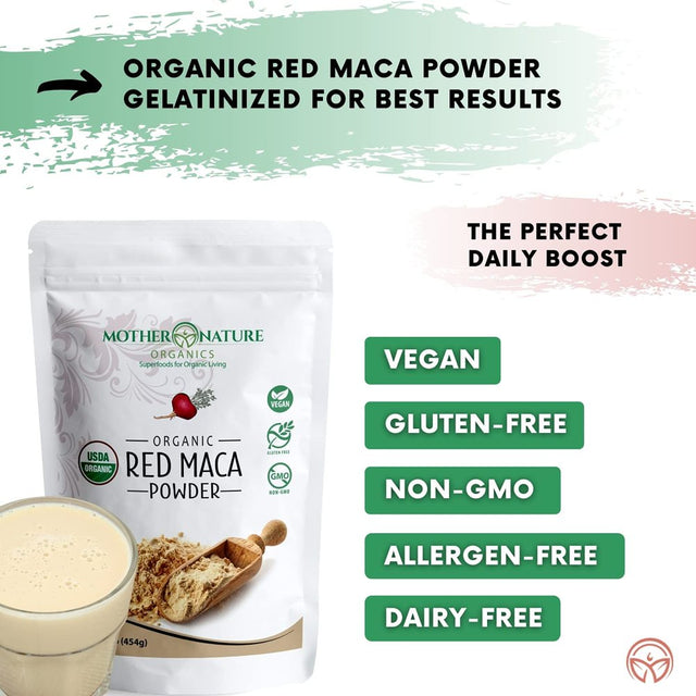 Red Maca Root Powder for Men & Women | 100% Organic, Vegan, Gluten-Free, and Non-Gmo | Pre Workout, Muscle Mass Gainer Recovery, Energy Drink Powder, Hormone Balance, Prostate Supplements - (16 Oz)