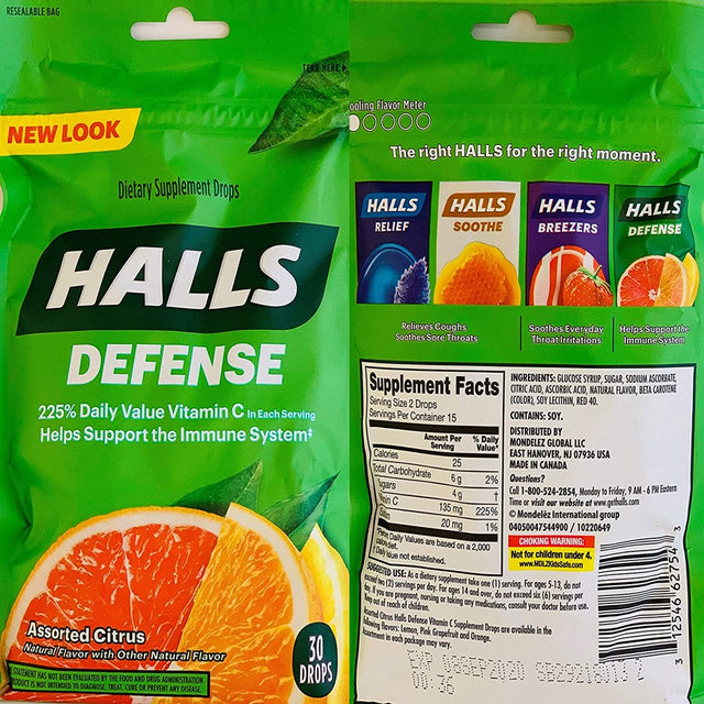 Halls Defense Vitamin C Assorted Citrus Cough Drops, 30-Count (2 Pack) (2 Pack)