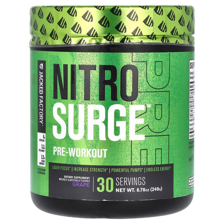 Jacked Factory NITROSURGE Pre Workout Supplement - Endless Energy, Instant Strength Gains, Clear Focus, Intense Pumps - Nitric Oxide Booster & Powerful Preworkout Energy Powder - 30 Servings, Grape