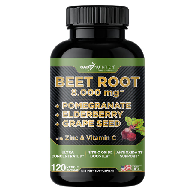 Beet Root Powder Capsules 20X Concentrated 8000Mg Extra Strength Formula, Beetroot Extract, Elderberry with Vitamin C and Zinc, Pomegranate, Grape Seed, Nitric Oxide Supplement - Non-Gmo - USA Made.