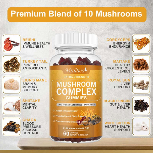 Mulittea Mushroom Complex Gummies 2500Mg Nootropic Brain Supplement Supports Brain Health, Focus, Memory 60 Count