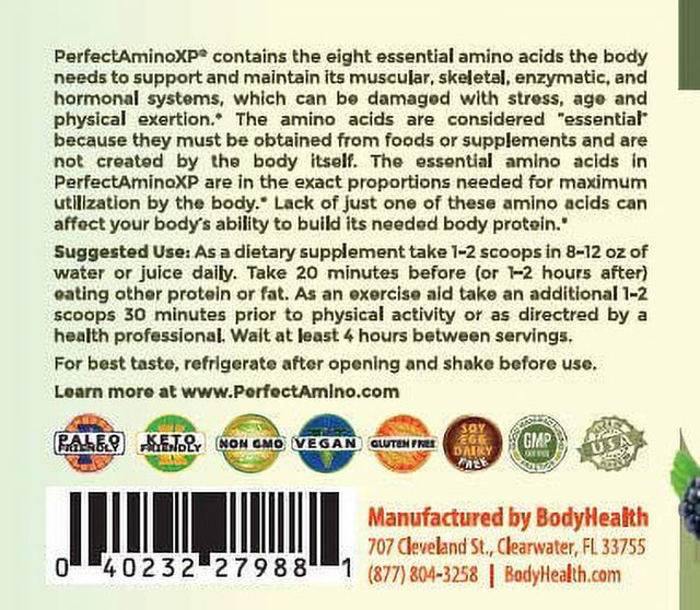 Bodyhealth Perfectamino Powder Mixed Berry (30 Servings) Best Pre/Post Workout Recovery Drink, 8 Essential Amino Acids Energy Supplement with 50% Bcaas, 100% Organic, 99% Utilization