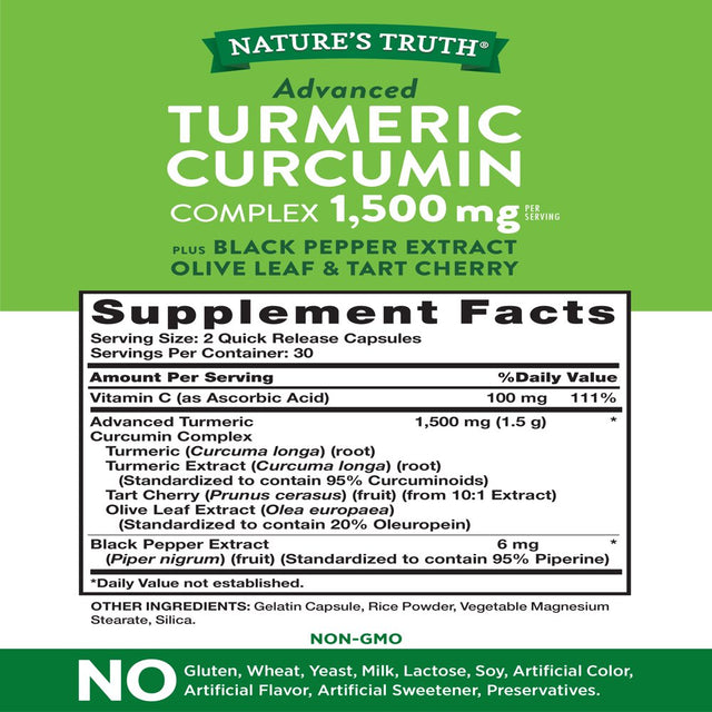 Nature'S Truth Turmeric Curcumin 1500 Mg | 60 Capsules | with Black Pepper Extract, Olive Leaf & Tart Cherry | Non-Gmo, Gluten Free Supplement