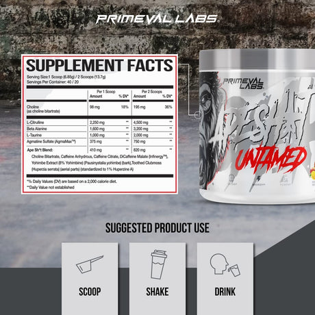 Primeval Labs Ape Untamed Pre Workout Energy Drink Powder | Max Support for Pumps & Focus | Nitric Oxide Production Preworkout Energy with L-Citrulline, Beta Alanine, Mango Pineapple 40 Servings