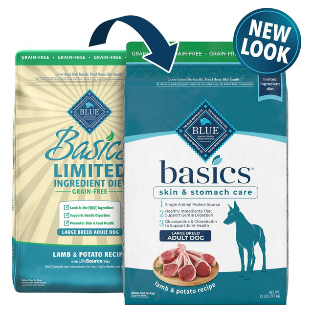 Blue Buffalo Basics Skin & Stomach Care Large Breed Lamb and Potato Dry Dog Food for Adult Dogs, Grain-Free, 22 Lb. Bag