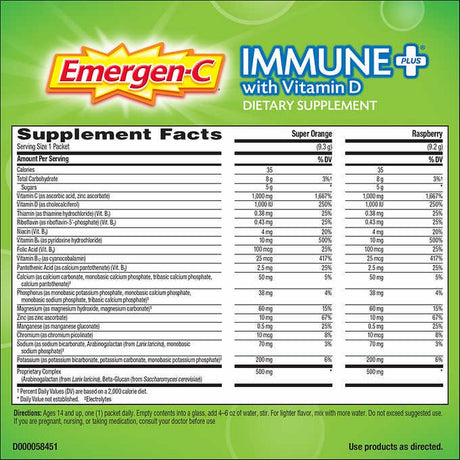 Emergen-C Immune plus with Vitamin D, (40 Super Orange / 30 Raspberry) 70 Packets Total