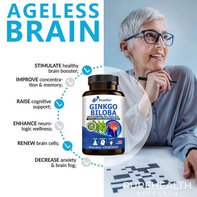 Ginkgo Biloba Supplement - with Vitamins B6 B12 - Standardized Extract 24% Ginkgo Flavonoid Glucosides 6% Terpene Lactones - Brain Memory Mental Clarity Alertness Energy Mood-60Capsules