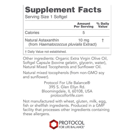 Protocol Astaxanthin 10Mg - Free Radical Quencher, Heart & Eye Health, Immune Support - 60 Softgels