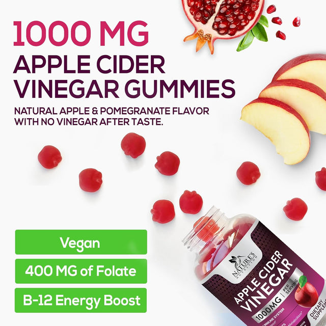 Nature'S Nutrition Apple Vinegar Gummy for Weight Loss 1000Mg - Vegan Apple Cider Vinegar Gummies for Detox & Cleanse, ACV Supplement Pills, Vitamin B12, Beetroot & Pomegranate, Non-Gmo - 60 Gummies