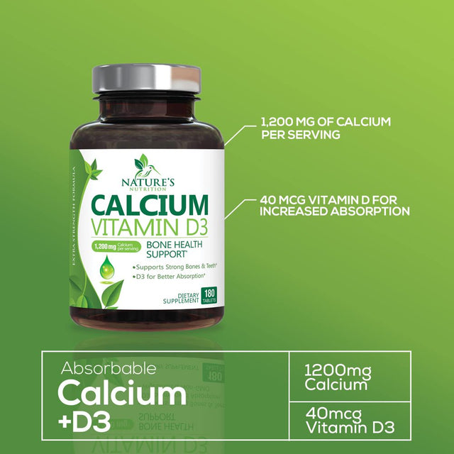 Calcium 1200 Mg plus Vitamin D3, Bone Health & Immune Support - Nature'S Calcium Supplement with Extra Strength Vitamin D for Extra Strength Carbonate Absorption Dietary Supplement - 180 Tablets